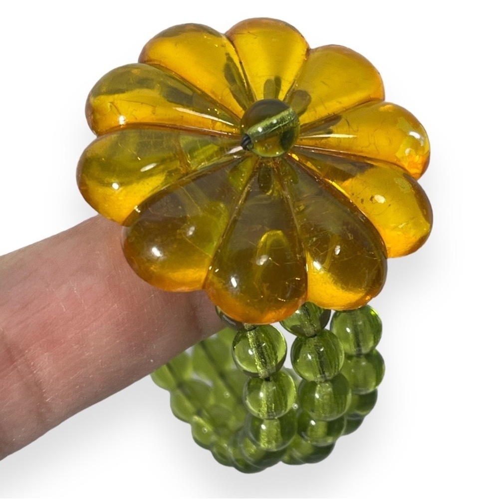 Glass Bead with Flower Daisy Napkin Ring Lot‎ of 5 Orange Green Boho Tablescape